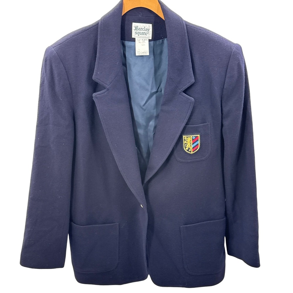 BVintage Barclay Square Wool Blazer 14 Navy Crest Gold Buttons Dark Academia